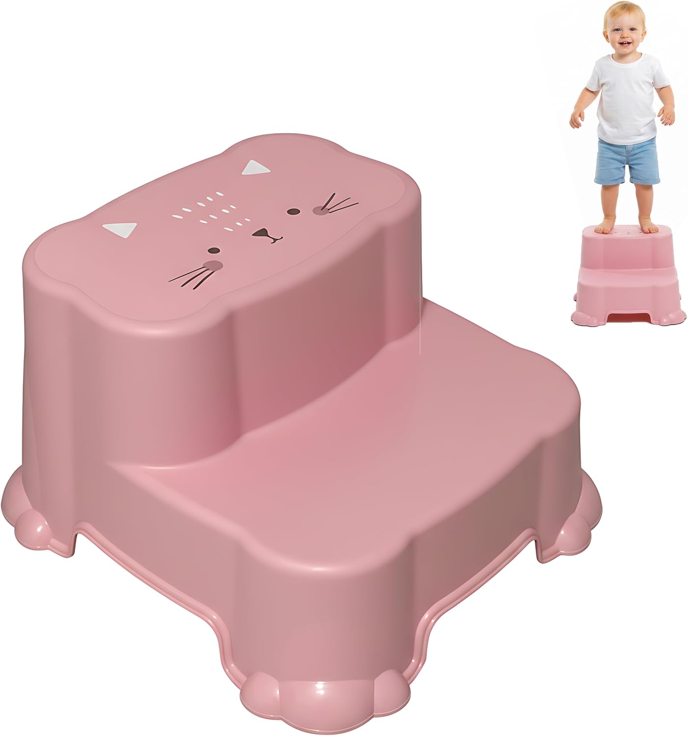 DIVCHI Two-Step Stool For Kids Slip Ressistant Rubber Grip Nursery Step Stools Lightweight Portable Potty Training Stool With Non Slip Base For Bathroom & Kitchen (Pink)