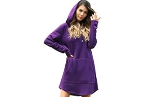 Osheoiso Robe Pull Femme Sweat à Capuche Manches Longues et Col Rond avec Cordon Haut Robe Pullover Ample Courte avec Poches Casual Hoodie Robe Genou Couleur Unie Grande Taille