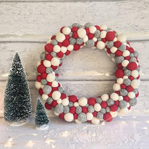 Felt Ball Pom Pom Wreath in Red, White and Grey By Stone and Co