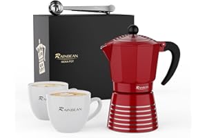 RAINBEAN Moka Pot 6 Cup, Aluminum Stovetop Espresso Coffee, Italian Cuban Greca Coffee, Stove Top Coffee Maker Mocha Pot, Red Cafetera Cubana Italian Espresso Maker Gift Set (Red, 6 CUP)