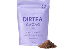 DIRTEA Cacao with Organic Lion's Mane - 100% Organic Cacao with MCT & Moringa, Reishi & Tremella - 2,500mg per Serving - Vegan & Non GMO - 180g - 30 Servings
