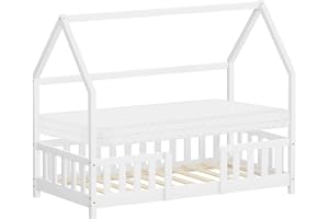 ML-Design Barnsäng 80x160 cm med madrass och fallskydd Montessori hussäng och ribbotten i massivt furu Vit stabil låg säng fö