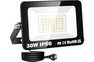 RIGIDON Focos Led Exterior & Interior con Enchufe, 1x 30W 3000 LM Foco de Luz, Proyector LED para Jardín Patio Plaza Garaje Terraza Estadio Trabajo, IP66 Impermeable 3000K Blanco Cálido Iluminacion
