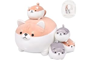 AUSPICIOUS BEGINNING Shiba Inu Plüschtier mit 4 Baby Plüsch Shiba Inu im Bauch, Kawaii Plüsch Hundekissen Plüsch Corgi Kissen Puppe Kreatives Plüsch Spielzeug Süße Kuscheltiere für Jungen Mädchen, Geburtstag Weihnachten