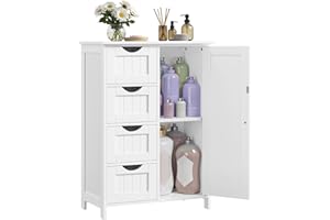 VASAGLE Mobile da Bagno, Mobiletto per Bagno Stretto, Organizzatore, Cassettiera, con 4 Cassetti, Anta, Ripiano Regolabile 35 x 65 x 90 cm, Bianco Nuvola LHC042W01