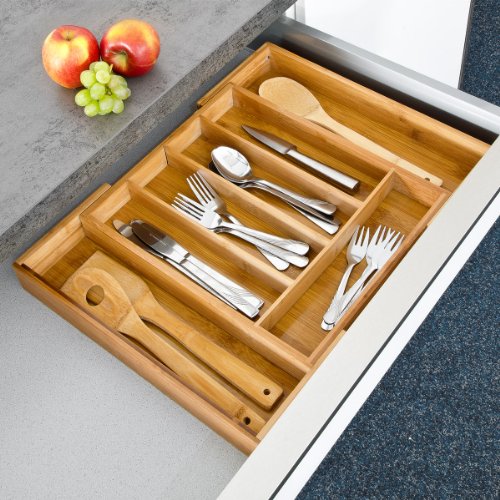 Relaxdays Besteckkasten mit 5 bis 7 Fächern HBT: 5 x 48,5 x 37 cm große Besteckeinlage aus Bambus als Schubladeneinsatz und Küchenorganizer Besteckeinteiler aus Holz ausziehbarer Besteckeinsatz, natur - 2