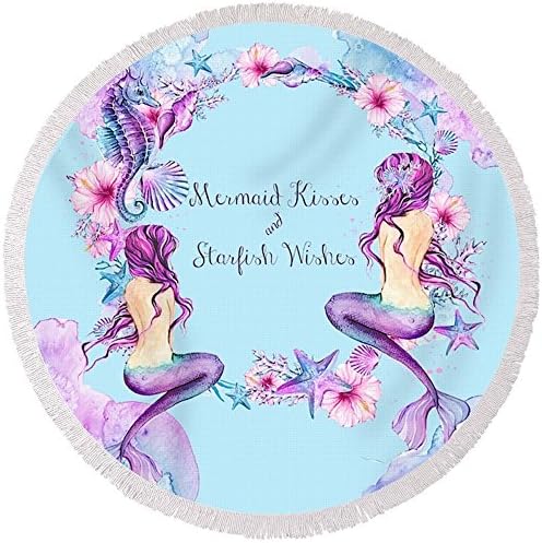 Mandala Handicrafts Tassel Fringe Round Beach Towel Beach Yoga Mat Shawl Scarf Tapestry Chiffon Tablecloth Picnic Blanket Shawl (Mermaid Blue)