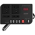 Sounce 300W Car Inverter Car Charging Adapter with Switch Car Charging Adapter with 4 USB Port, Outlet & Fuse DC 12V to 220V Car Inverter with LED Voltage Display (Black)