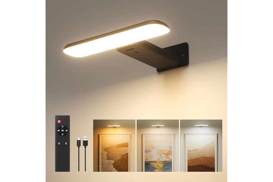 FULEN Picture Lights for Wall, Battery Operated Wall Lights Rechargeable, Cordless Dart Board Lights, LED Wall Sconces for Pictures,Frames&Mirros, 3 Color Temperatures, Remote Control, Black