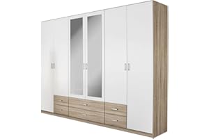 Rauch Möbel Gamma Schrank Drehtürenschrank Kleiderschrank in Eiche Sonoma/Weiß, Holz, Spiegel 6-türig, 6 Schubladen, mit Zubehörpaket Basic 3 Kleiderstangen, 3 Einlegeböden BxHxT 271 x 210 x 54 cm