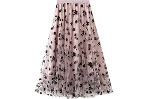 SotRong - Gonna pieghettata in tulle a strati da donna, gonna elastica a vita alta, a trapezio, gonna midi in chiffon a rete con decorazione floreale