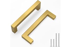 LONTAN 5 Pack Gold Drawer Handles 96mm Square Gold Kitchen Cupboard Handles Wardobe Bathroom Stainless Steel Kitchen Drawer Pulls