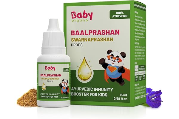 Babyorgano Swarnaprashan for Kids - Enriched with 24CT Gold Immunity Booster Drops Healthy Growth & Strength - 100% Ayurvedic - FDCA Approved - 15ml, Age 0-15 Years (Pack of 1)