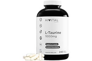 HIVITAL FOODS L-Taurine 1000 mg. 240 gélules végétaliennes pour 4 mois de traitement. Acide aminé taurine aux multiples propriétés. Fabriqué en Europe par HIVITAL