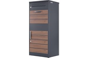 Zelsius Boîte aux Lettres avec Compartiment pour Paquet | RAL9007 Anthracite | Acier galvanisé revêtu par poudrage avec éléments Aspect Bois Marron | avec Dispositif Anti-Retour | Montage au Sol