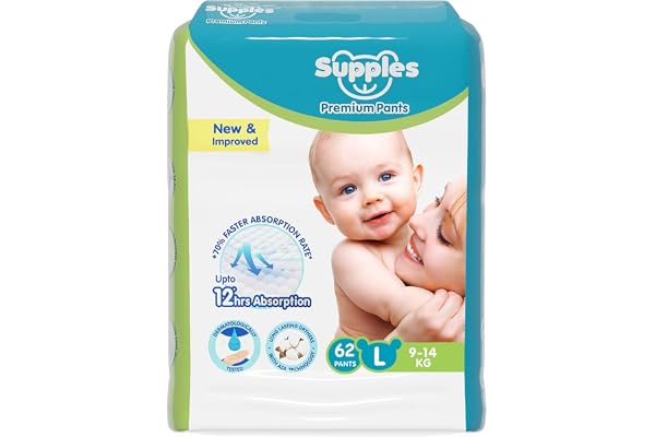 Amazon Brand - Supples Premium Baby Diaper Pants 62 Baby Diapers Large 9-14 Kg 12 Hrs Absorption Cushiony Cotton Soft Fabric Phthalates-Free Triple Leak Guard