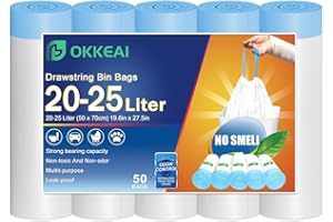 OKKEAI Pedal Bin Liners 20-25l Bin Bags Drawstring Tie Handle White Plastic Swing Rubbish Bags Strong Waste Bags Kitchen Garbage Bags 50 Counts Tall Trash Bags,Fit 15L,23L,30liter Medium Bin (50x70cm)