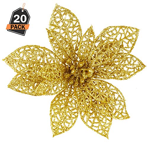 Kompanion Set de 20 Estrellas Doradas – Adorno de Decorado para Árbol de Navidad - Accesorio de Decoración Navideña – Ornamento para Temporada Festiva – Flor de Pascua en Forma de Estrella de Oro