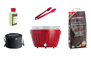 LotusGrill S Small Compact Starter Set Fire Red the Low Smoke Charcoal Grill with 2.5 kg Beech Charcoal 200 ml Fuel Paste, 1 x Tongs (Colour According to Stock), 1 x Bag. Power Supply USB or Power