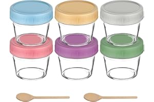 CHICHI:OÜ 6-Pack Babybrei Einfrieren Behälter Glas mit 2 Holzlöffel - Beikost Baby Zubehör, Babybrei Behälter, Lecksicher mit Luftdichten Deckeln Beikost Einfrieren Gläser Brei, Aufbewahrung Gläser Säuglings