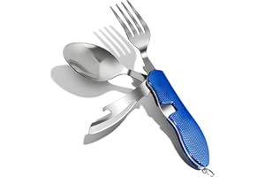 ZIMAIC Cubiertos de camping plegables, acero inoxidable, cubiertos para camping, 4 en 1, abridor de botellas, cuchillo, tenedor, cuchara, juego de color azul