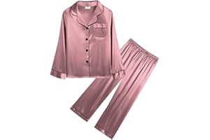 SWOMOG Kids Girls Silk Pyjamas Boys Long Sleeve Satin PJs Sets Button-Down Silky Nightwear Children Sleepwear