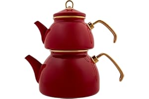 Karaca Retro emaliowany zestaw czajniczek do herbaty, czerwony, odpowiedni do indukcyjności, zaparzacz do herbaty, czajnik, zaparzacz do herbaty 1,1 l, dzbanek na wodę 2,3 l, turecki czajnik do herbaty, ekspres do herbaty, Caydanlik