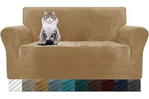 MAXIJIN Thick Velvet Sofa Covers 2 Seater Super Stretch Non Slip Loveseat Covers for Living Room Dogs Cat Pet Plush Love Seat Couch Slipcovers Elastic Furniture Protector (2 Seater, Camel)
