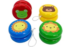 GICO JoJo 6477 - Set di 4 diversi jojos in legno con divertenti motivi di animali, regalo di compleanno per bambini