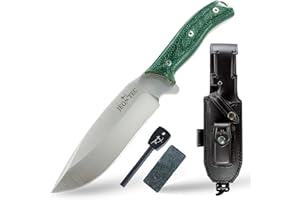 JEO-TEC Nº9 Cuchillo Supervivencia Caza Monte bushcraft Camping Outdoor Campo - Funda de Piel con pedernal y Piedra afilar incluidos - Acero MOVA-58 - Fabricado en España