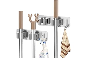 Aszaui 2 Supporti per Scopa a Parete in Acciaio Inox,Porta Scope Parete Non c'è Bisogno di Punzonare Appendi Scope a Muro, Porta Mocio per Cucina, Casa, Bagno, Garage, Giardino, Argento.