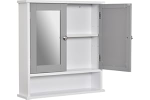 kleankin Mirror Cabinet Wall Mounted with Double Mirrored Doors, Hanging Cabinet with Cupboard and Shelf, Bathroom Wall Storage Organiser, Grey