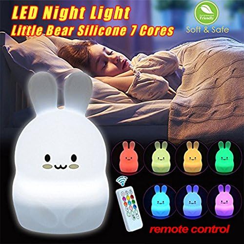 Lovely Baby Night Light, LAMCHIN Portable Nursery LED Lamp, Silicone Soft Touch Tap Contro, 3 Light Modes 8 Breathing Colors l USB Rechargeable Timing Function (Bunny-Tap Control + Remote Control)