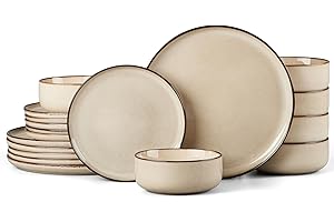 HaWare 18 Piece Dinner Set, Stoneware Dinnerware Service for 6, Reactive Glaze Dining Ware Include Plates and Bowls, Chip and Scratch Resistant, Microwave & Dishwasher Safe, Cream Khaki