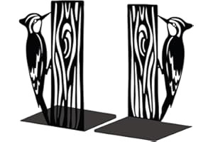 Peacoblue Metal Bookend Stopper Holder Stand for Shelves Decorative, 13.5x11x20 Modern Creative Heavy Duty Study Book End for Desk Shelf, 1 Pair (Woodpecker and Wood Pile)