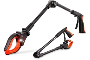 THINKWORK Grabber Reacher Tool, 0°-180° Angled Arm, 90° Rotating Head, 32” Foldable Claw Grabber with"LED Light", Garbage Collector, Arm Extension Picker for Elderly, Pregnant Women&Sanitation Workers