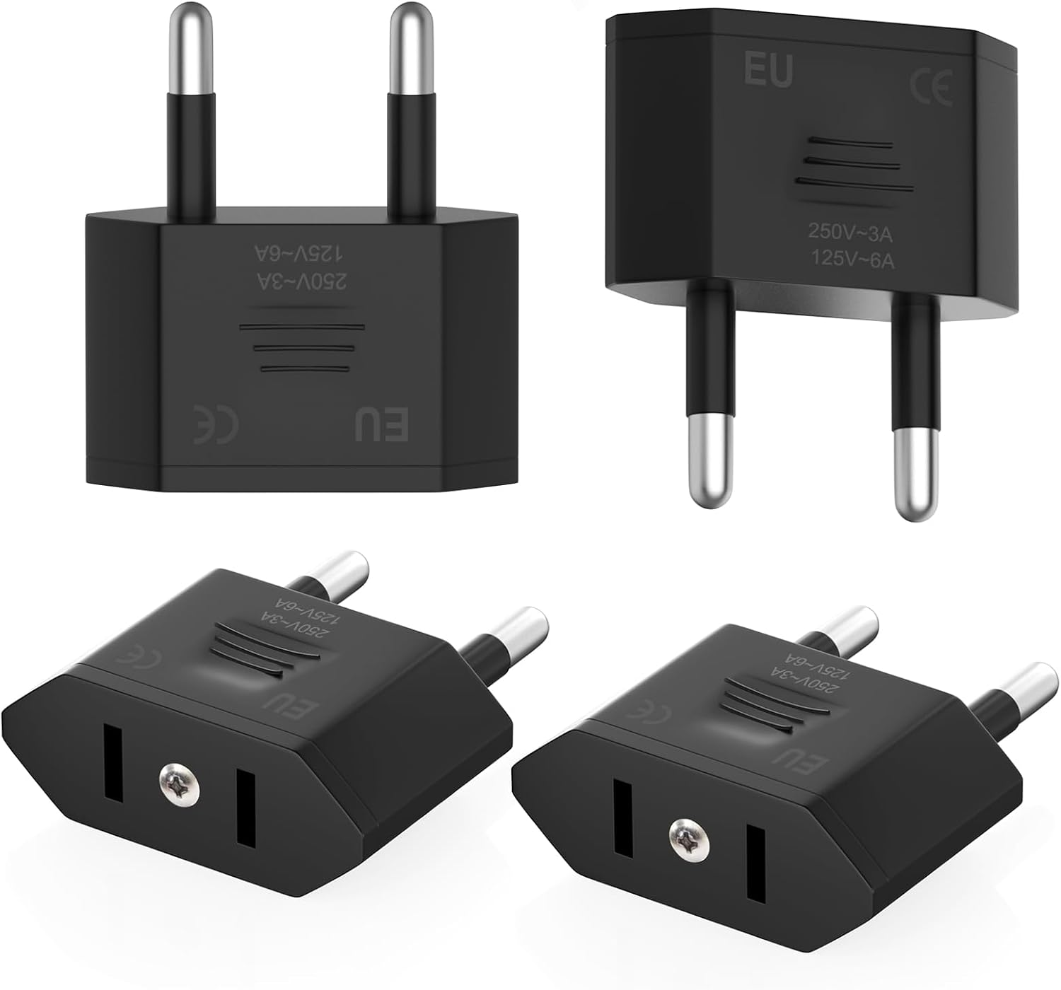 Clomnpe 4 Piezas Adaptador Enchufe Americano a Europeo, Adaptador Enchufe USA a España, Compacto, Fácil de Transportar y Usar, Adecuado para Viajes de EE.UU./Canadá/Japón/Asia a España/Europa-Negra