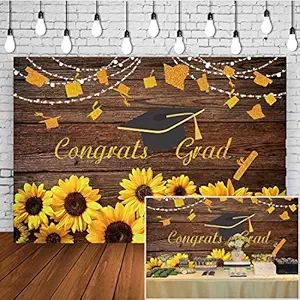 Class of 2020 Congrats Graduation Backdrop Rustic Wood Board Cap Portrait Photography Background Sunflowers Decorations Golden Glittering Wording Prom Party Scene Setter Banner Booth Studio Props