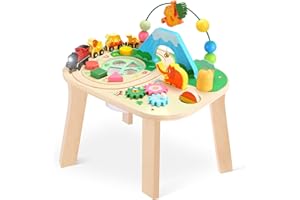 oathx Stół do aktywności dla dzieci w wieku 1+ lat, 9 w 1, drewniane zabawki Montessori, z koralikami, sortownik, lusterko, pociąg, zabawka, sensoryczna zabawka do zabawy, prezenty na 1. urodziny dla