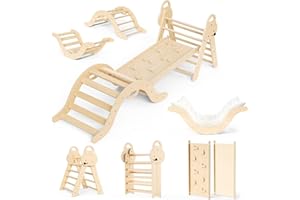 OVSHNRR 7 in1 Toddler Climbing Frame, Wooden Climbing Tripod Set, with Climbing Frame, Soft Cushion, Montessori Climbing Fitness Set, for Children Aged 1-3 Indoor and Outdoor Use (Wood tone)