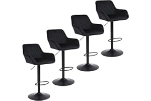ralex-chair Bar Stools Set of 4, Height Adjustable Velvet Fabric Swivel Barstool Bar Chairs, Breakfast Dining Stools With Backrest and Armrest for Counter and Kitchen,Black