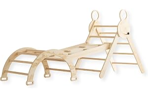 Buxibo Mini Klätterställning - Träklätterställning med Klätterbåge & Klätterramp med Rutschkana - Montessori Inomhuslek - 176x47x82 cm - Naturträ