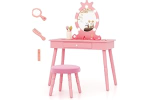 COSTWAY Sminkbord för barn med belysning, 2-i-1 sminkbord prinsessa med avtagbar spegel och låda, träsminkbord med pall, sminkbord för 3–7 år gamla flickor