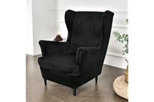 Highdi 2-Teilig Ohrensessel Überzug, Sessel-Überwürfe Ohrensessel Mode Einfarbig Samt Schonbezüge Bezug Sesselhusse Strandmon Tiger Stuhlbezug mit Armlehne Hohe Rückenlehne (Schwarz)