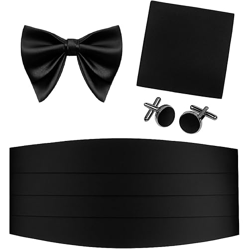 ZITTI Black Cummerbund Big Bow Tie Pocket Square & Brass Black Cufflinks Set | Premium Silk Finish Adjustable Waistband | Ideal for Tuxedo, Wedding & Formal Events