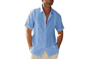 Friptspyg Hombre Camisa de Lino para Manga Corta Estilo Casual y Ajuste Regular Fit Cubana Camp Guayabera Camisa de Verano