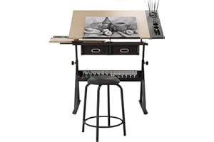 soges Table à Dessin Réglable en Hauteur de 70 à 86 cm Planche à Dessin Inclinable avec Tabouret, Tiroirs et Étagère de Rangement Bureau d'Ordinateur