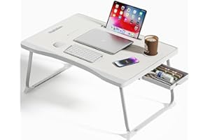 BTGGG Laptop Bed Table, Portable Lap Bed Desk with Handle, Foldable Computer Bed Table with Cup Slot & Side Drawer, Notebook Stand Breakfast Bed Tray for Bed, Sofa, Balcony,Carpet (White)