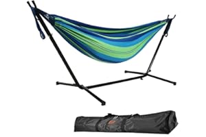 Goutime 2,6m Doppelhängematte mit Ständer, 250 kg Tragfähigkeit, inklusive tragbarer Tragetasche, perfekt für Indoor-Außenterrasse, Terrasse, Hof, Balkon (blau und grün)