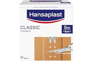 Hansaplast Plastry Classic (5 m x 8 cm), plastry na rany z możliwością przycięcia, o bardzo dużej sile klejenia, elastyczny i oddychający materiał opatrunkowy